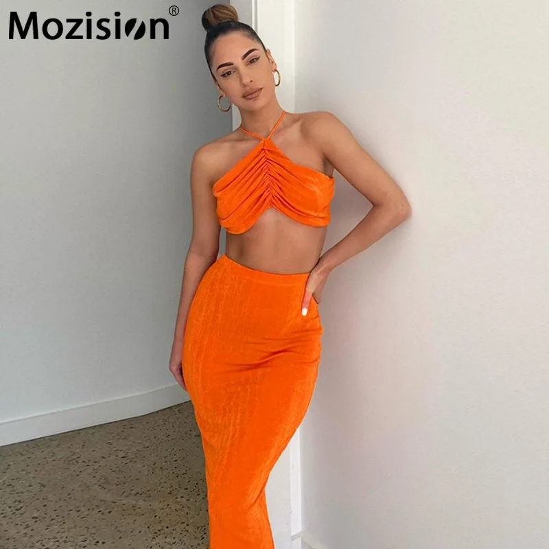 

Mozision пикантные комплекты из двух предметов для женщин с лямкой на шее укороченный топ без рукавов юбка с высокой талией, женские новые летни...