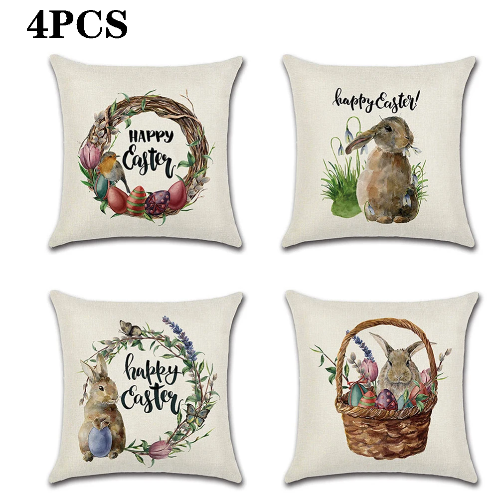 

New Pillowcase Colorful Easter Rabbit Easter Egg Print Cotton Pillow Cover Easter Sofa Home Decor Festival Cushion Cover