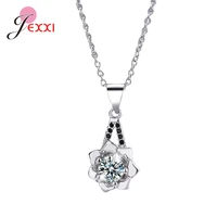 925 sterling silver flower floral shape pendant necklace sparkling clear shiny zircon crystal rhinestone for women party jewelry
