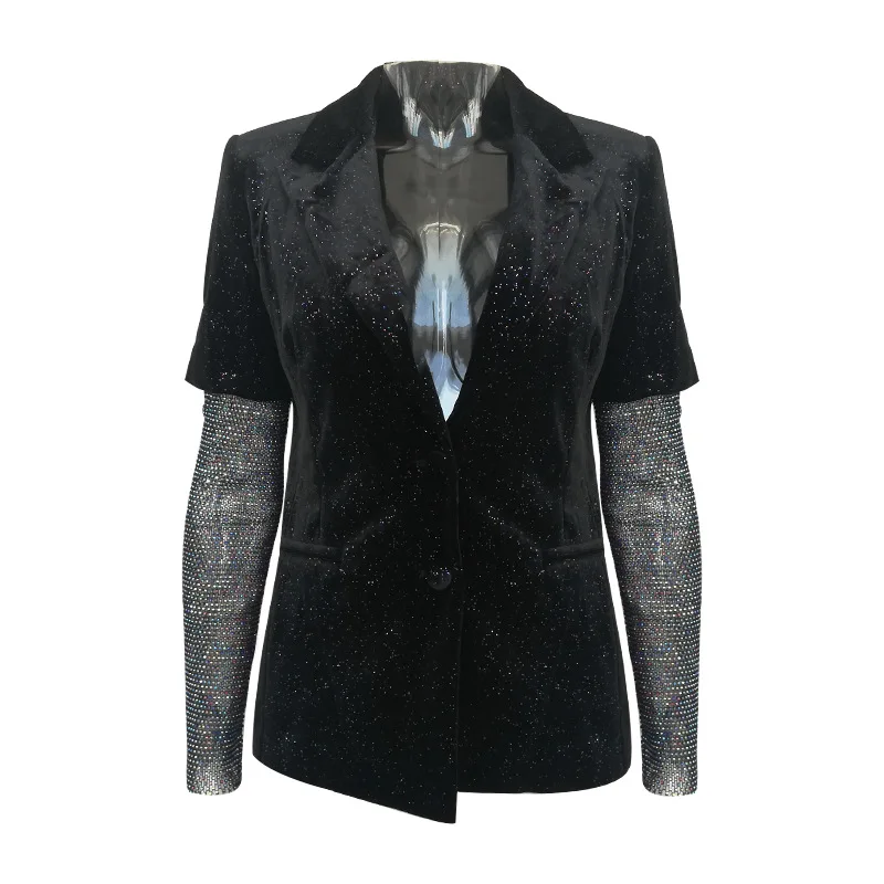 

New Chic Fashion Bling Sleeve Diamond Embroidery Blazer Woman Black Solid Streetwear Fashion Long Jacket Female 2021 Autumn