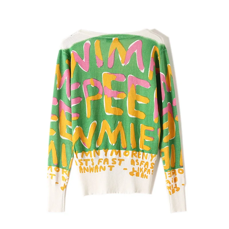 

Autumn Print Knit Sweater Cardigan Streetwear Pattern Slim Sweater Jacket Women's Tops Outerwear TA 6210