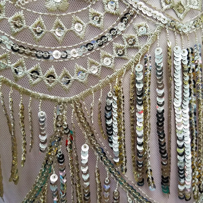 

Sexy Deep V Sequined Hanging Spike high-elastic long-sleeve Dress Female Singer Dancer Bright Bodysuit One-piece Party Dresses
