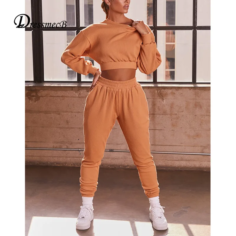 

Dressmecb Slim Casual Autumn Two Piece Outfits Women Clothing O Neck Long Sleeves Crop Tops And Pants Sets 2021 Home 2 Piece Set