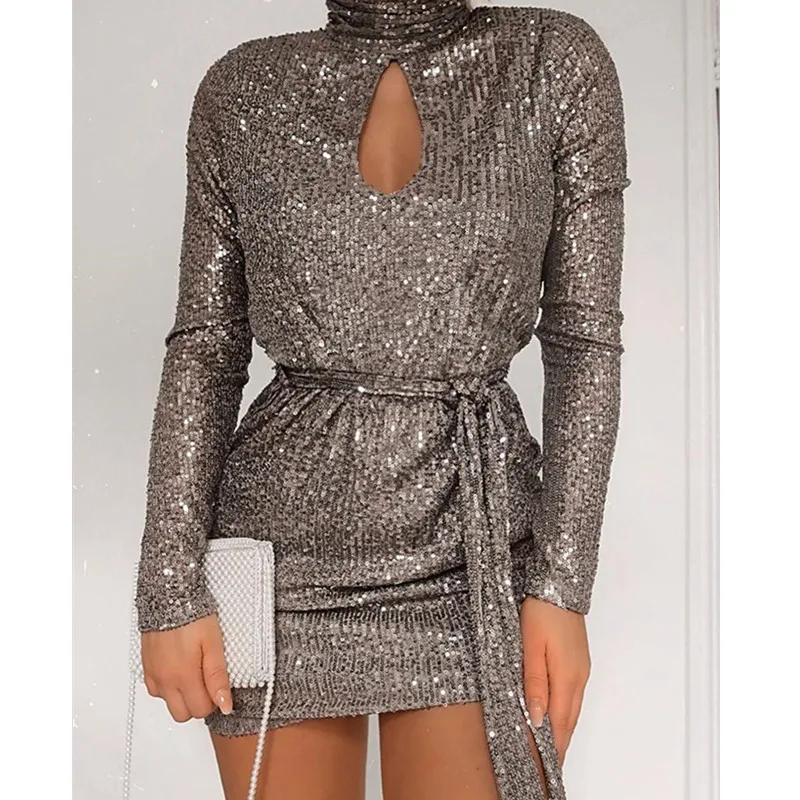 

Women Sexy Sequined Keyhole Tie Waist Dress Club Wear Asymmetric Sexy Bodycon Mini Vestidos