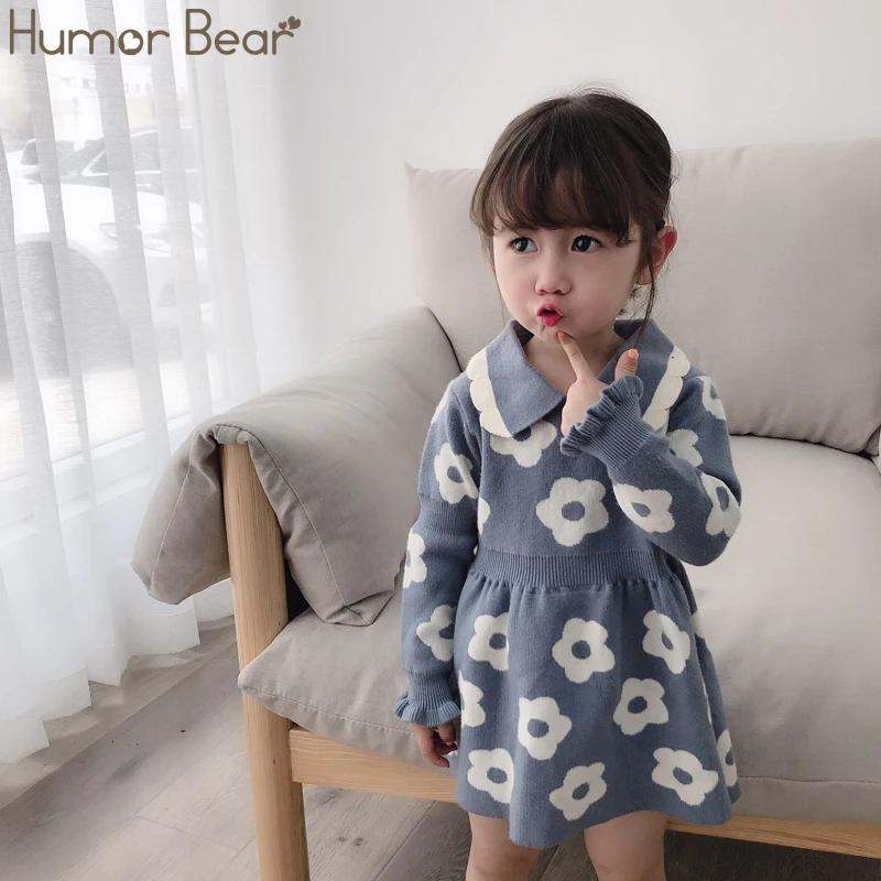 Humor Bear/Новинка года; свитер для девочек; сезон осень-зима; корейские платья с цветочным принтом; детский вязаный пуловер с отворотом; одежда; платье принцессы для малышей - Цвет: blue