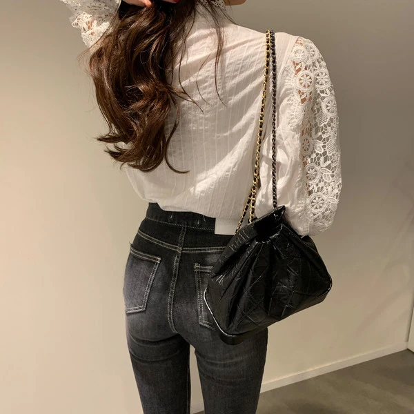 

Spring Women Pullovers Blouse Shirt Ladies Sexy Crochet Lace Hollow Out Puff Sleeves Ruffles Stand Neck Tops Blusas Femininas