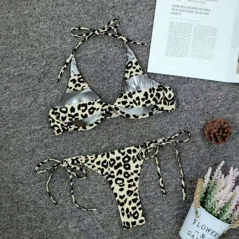 

2020 Women Leopard Halter Bikini Set Sexy Side Tie Panties Swimsuit Sexy Mujer Bikini Women Swimwear Two-pieces Bathing Suit