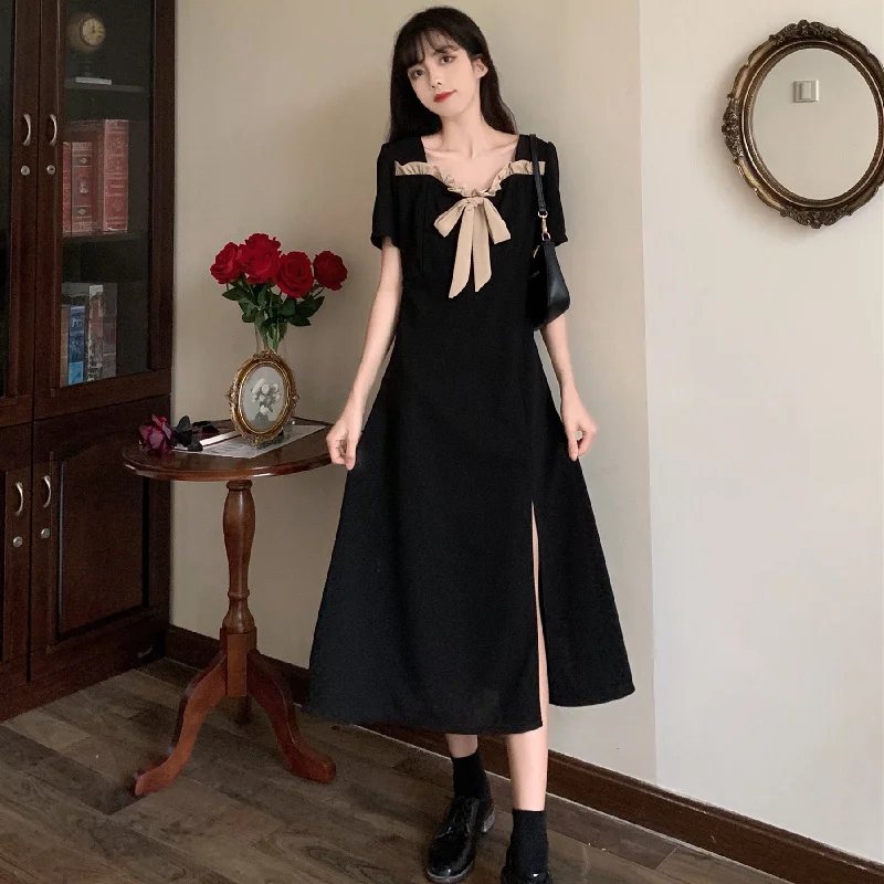 

Korea Style Bow Split Dress 2021 Summer Women Hepburn Wind Retro Lace Up Scheming Black Dresses Fashion Young Sexy Girl Clothes
