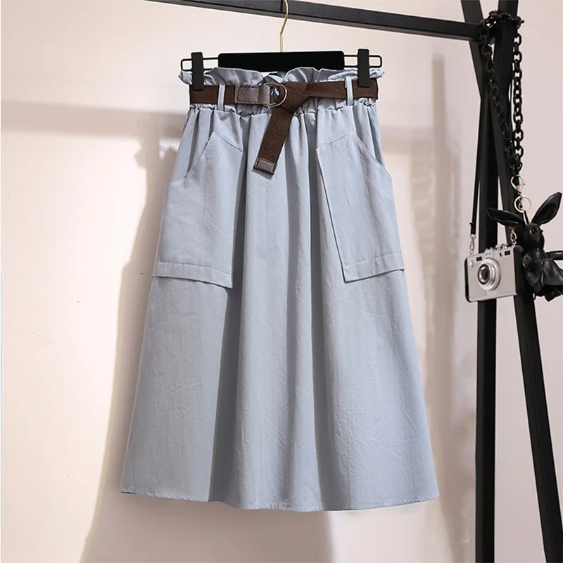 

Midi Knee Length Summer Autumn Skirt Women No Belt Casual Cotton Solid High Waist Sun School Skirt Female