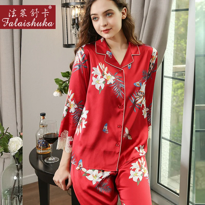 Silk Pajamas Sets Homewears Women Red Floral Print 2021 Summer Spring Lady Home Wears Two Piece Pajamas Set Sleepwear