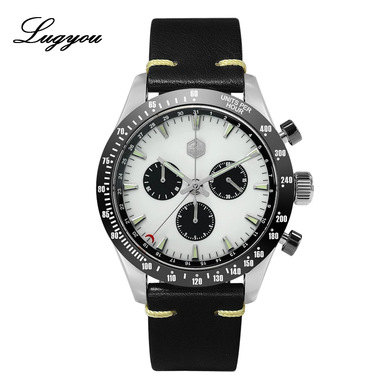 Leather White Lugyou San Martin Quartz Watch Men Chronograph Timepiece Sun ray Metal Band Sub Dials Pusher Sapphire 100m Water Resistant Glow - Цвет: Leather White