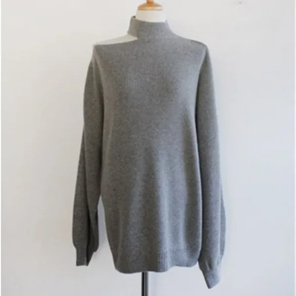 Серый RUGOD New autumn korean chic sweater pullovers o neck off-shoulder solid knit pull fashion female elegant temperament tops - Цвет: Серый
