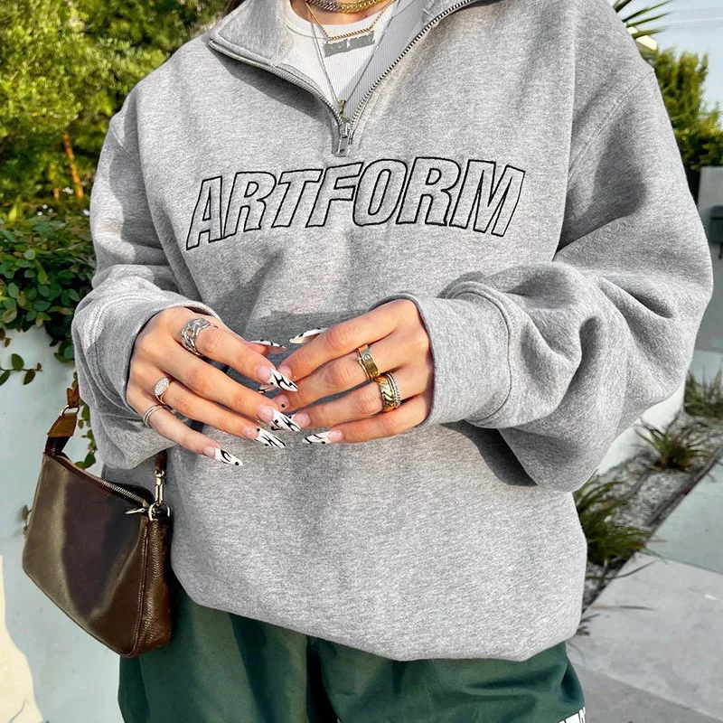 

90's Vintage Sweatshirt Casual Zipper “ARTFORM” Letter Embroidery Long Sleeve Sweatshirts Turn Down Collar Women Clothes Winter