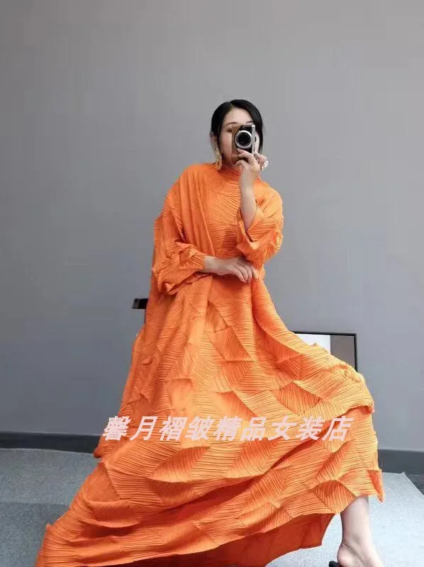 Горячая Miyake модное платье со складками со стразами, однотонное Свободное длинное платье со стоячим воротником