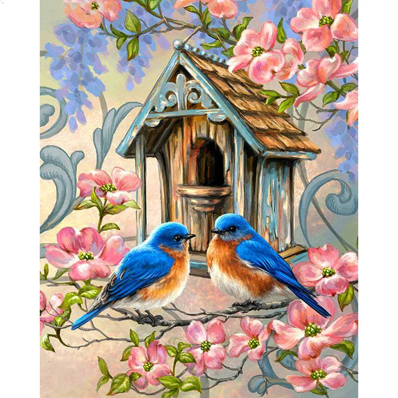 Полностью квадратная дрель 5d Diy Алмазная вышивка хижина с птицами Картина