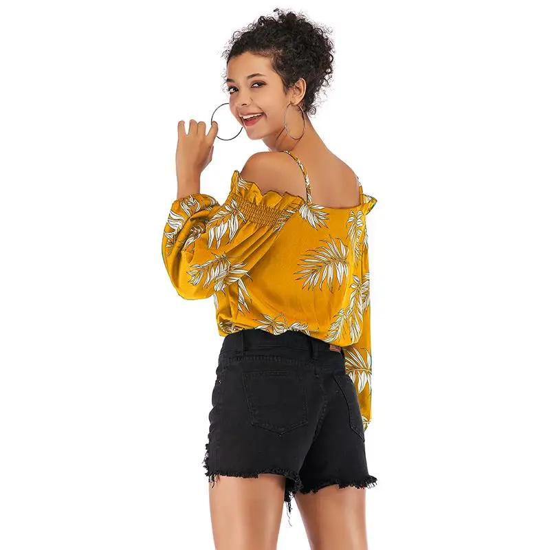 

2020 Summer Women's Clothing Leaves Printing Off Shoulder Sling Chiffon Shirt Long Sleeve Slash Neck Collar Top Female Clothes