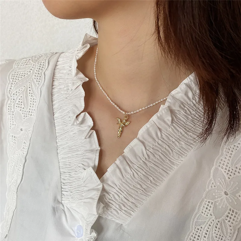 RUIYI Real 925 Sterling Silver Women Fashion 18K Gold Angel Charm Pearl Chain Chokers Girls Stylish Clavicalis Niche Necklaces | Украшения