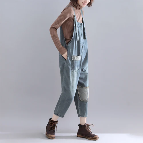 

Literary Jeans For Women Pockets Women's Trousers Casual Denim Overalls Patchwork One Piece Pants Loose Jumpsuits Capris