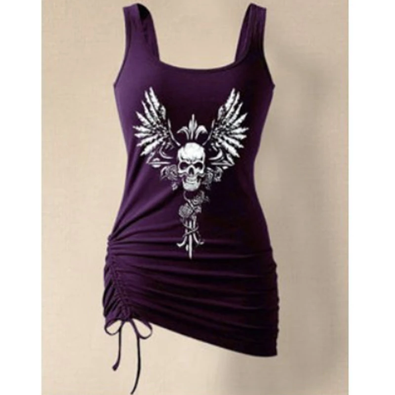 

Skull Tank Tops Women Summer Fahion Round Neck Plus Size Slim Printed Stretch-tie Jersey T-shirt Lugentolo