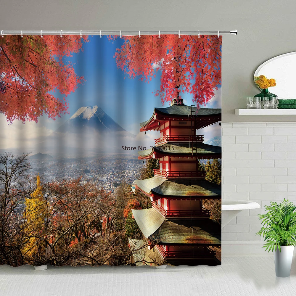 

Japanese Scenery Theme Shower Curtains Tower Japan Mount Fuji Landscape Cherry Blossom Flower Bathroom Curtain Set Decor Cloth