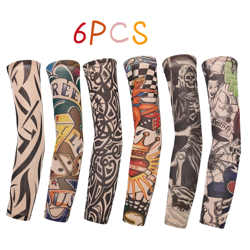 6 PCs Men Women Sunscreen Hand Fake Tattoo Arm Cover Tatto Sleeves Uv Cool Sleeves Cuffs Sport Elastic Stockings Arm Warmers