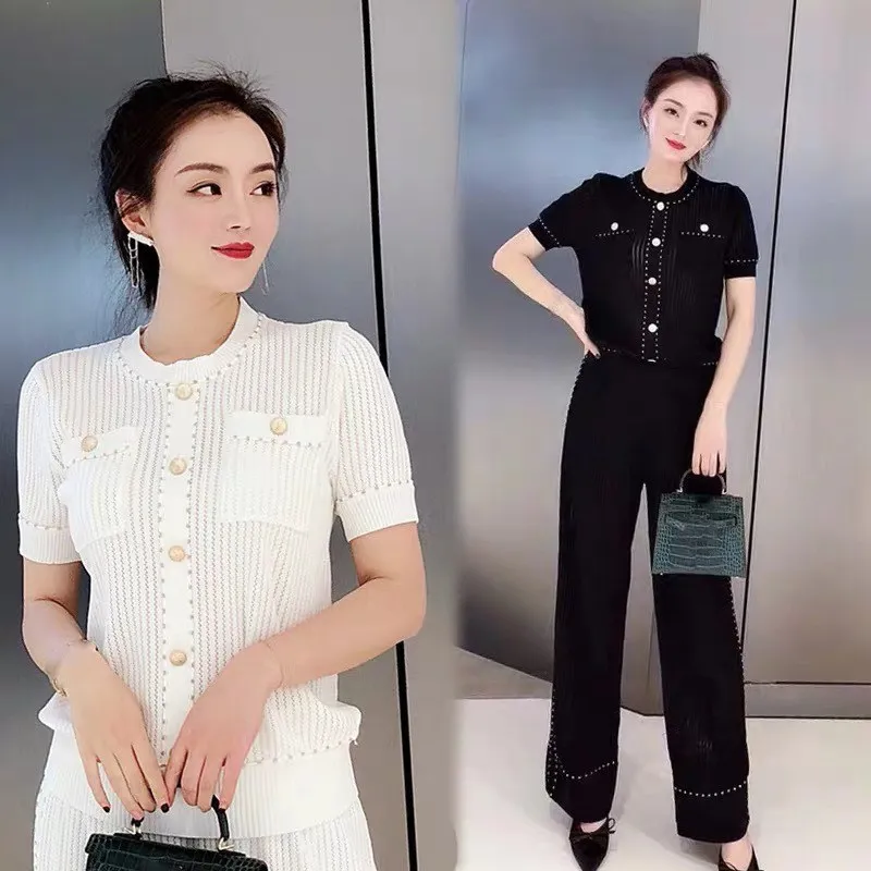 Женский трикотажный топ на золотистой кнопке + широкие брюки комплект из 2