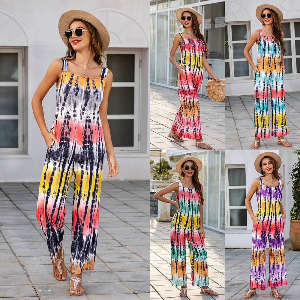 

2021 Summer New Fashion Tie-Dye Loose Women's Clothing Painted Print Fashion Casual Large Size Wide Leg Jumpsuit Sexy Jumpsuit