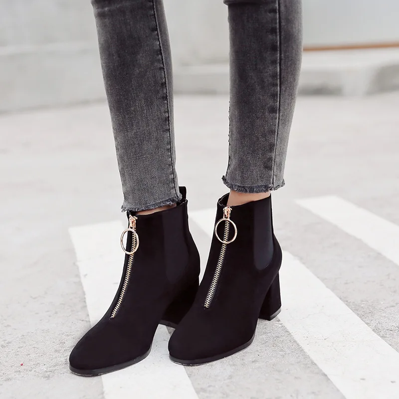 Обувь женские ботинки ботильоны из флиса на квадратном каблуке 7 см с квадратным