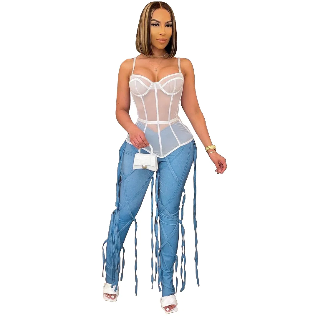 

2021 Latest Fashion Women Long Ribbons Jeans Tassels High Waist Skinny Smart Style Lady Jeans Real Pictures INS Popular