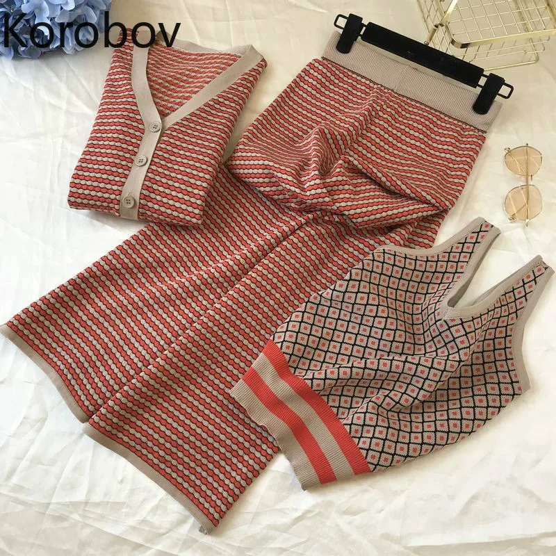 Korobov/осенние новые трикотажные полосатые Лоскутные женские костюмы кардиганы с