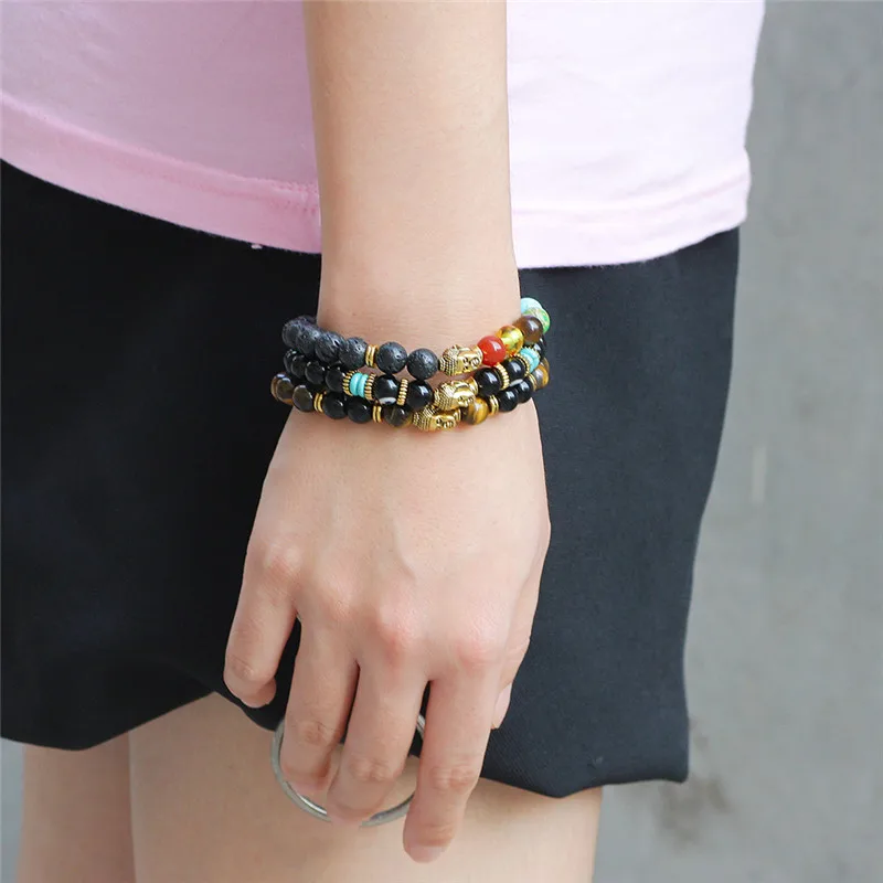 

Natural Lava Colorful Gem Beads Bracelet Bangle Alloy Accessories Jewelry Unisex Buddhist Buddha Prayer Bracelet for Men Women