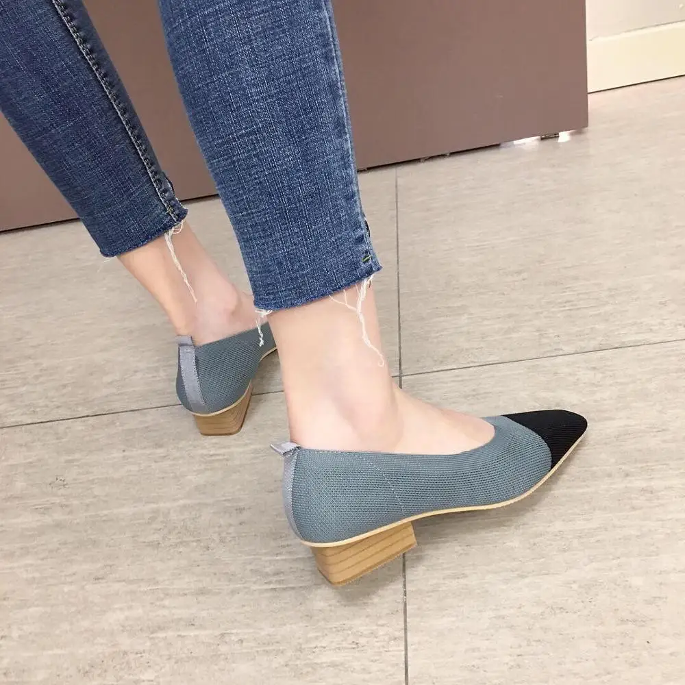 Новые женские туфли-лодочки sapato feminino; Дышащие Трикотажные Мокасины с острым носком и квадратным носком; Разноцветные лоферы; женская обувь с гибкой подошвой на каблуке