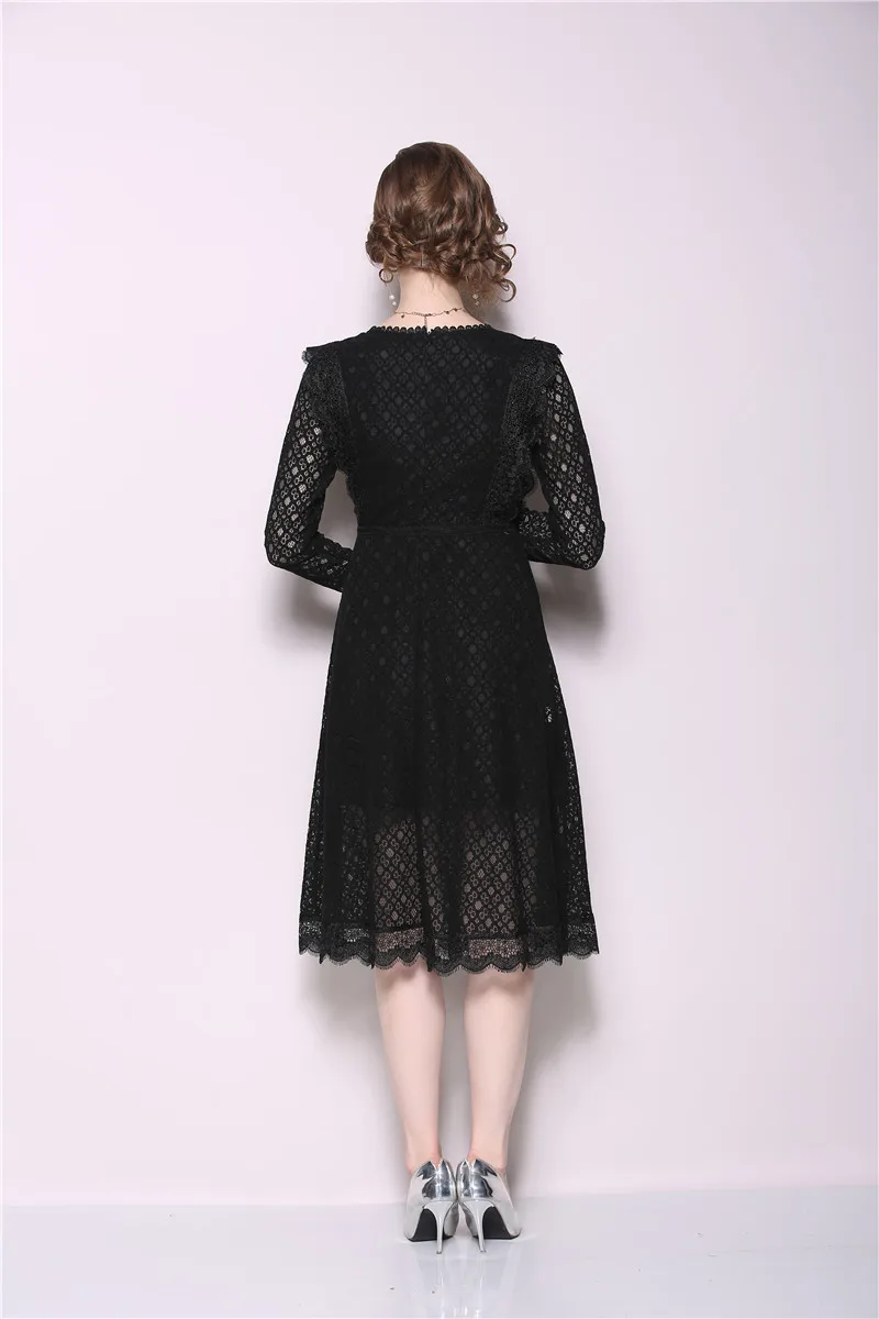 

Fashion Designer Women Autumn Sexy Slim Lace Dress Elegant Office Party Robe Female Vintage Black White Dresses Vestidos