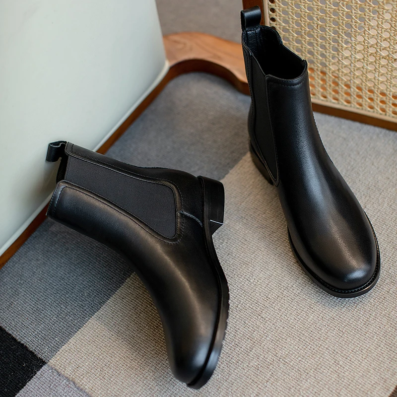 

Women's genuine leather elastic patchwork slip-on flats ankle boots round toe casual chelsea boots high quality retro boots shoe