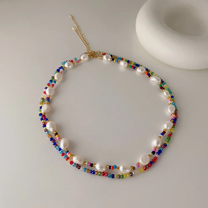 

ALLNEWME Sweet Rainbow Crystal Beads Strand Choker Necklaces for Women Irregular Baroque Freshwater Pearls Wedding Necklace Gift