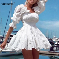 women new square collar ruffle cotton dress spring solid embroidery hollow out party dress autumn half sleeve a line short dress