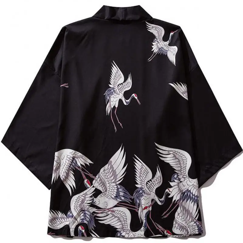 

Japan Style Kimono Men Printed Crane Thin Kimono Cardigan Women Streetwear Jackets Casual Outerwear Asian Clothes Beach Tops