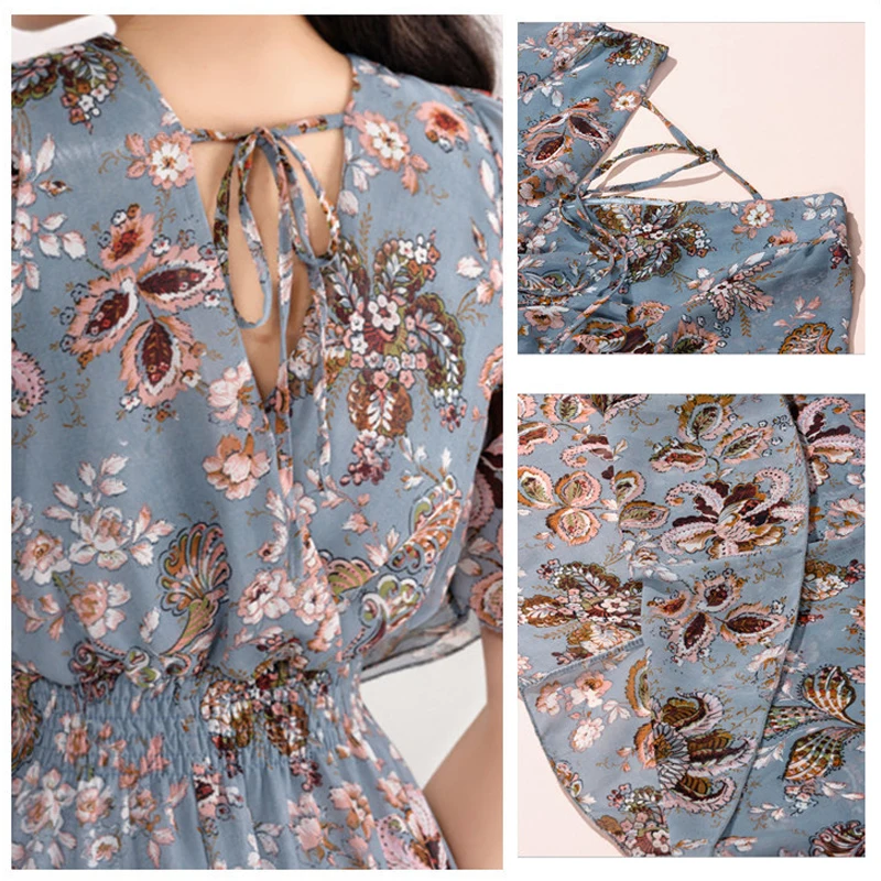 

Floral Chiffon Dress V-neck Long Vintage Fashion boho Beach Print Short Sleeve A line Summer Women 2020 Plus Size 4xl Dresses