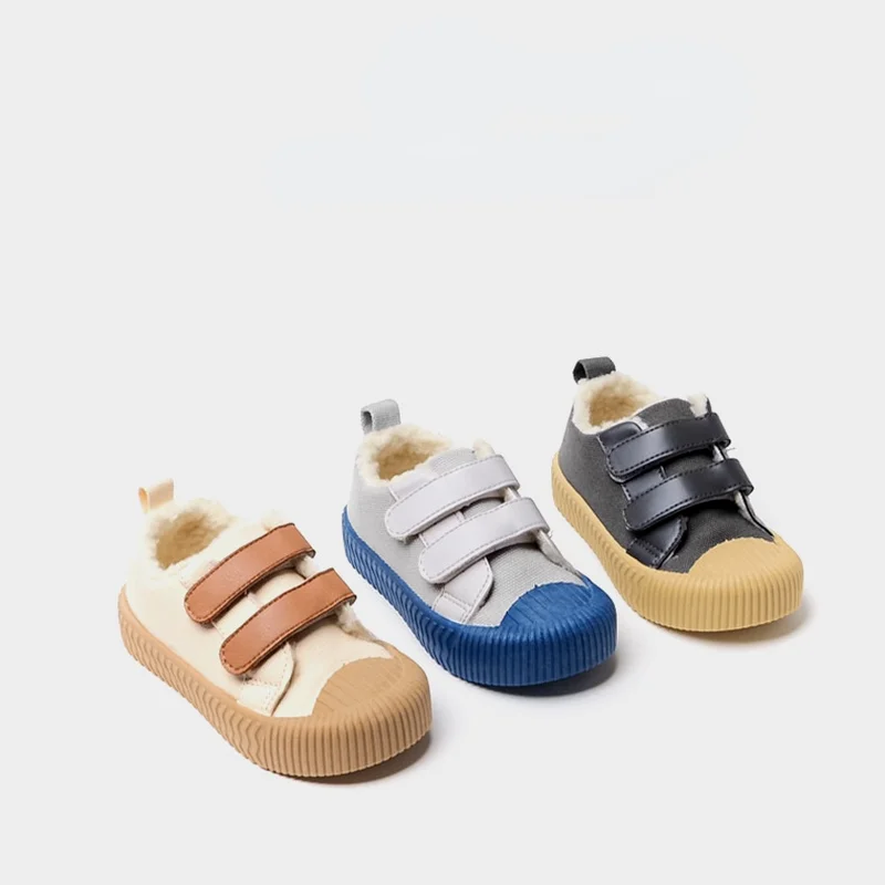 

New Casual Children Canvas Shoes for Winter Korean Style Flat Student Sneakers Fashion Double Hook&Loop Velvet Kids Shoes E10143