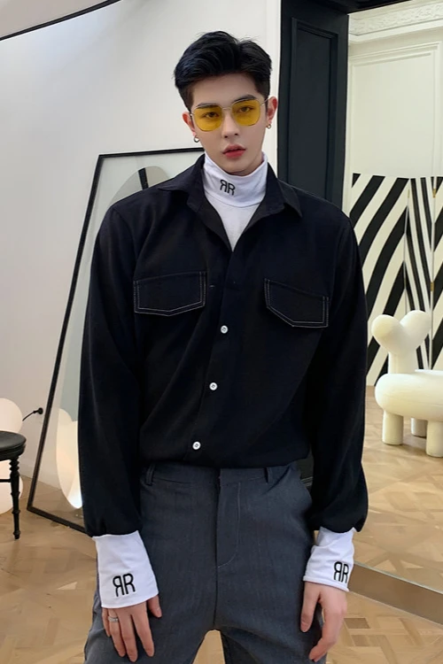 

M-XLHalf high collar embroidered letter long sleeve male personality trend design sense fake two-piece shirt autumn hair stylis