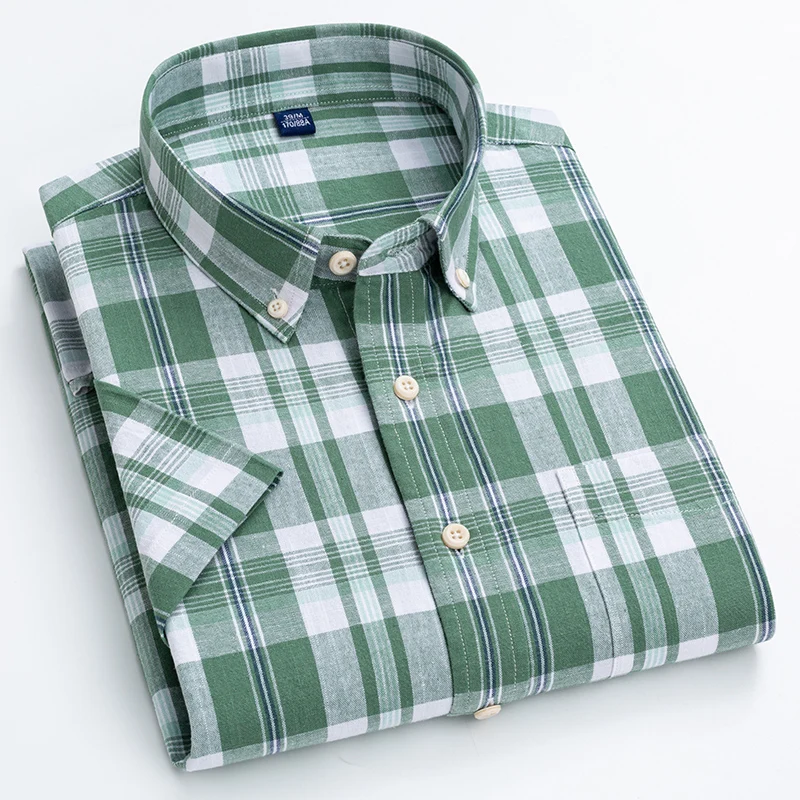 Рубашка мужская в клетку хлопок и лен короткий рукав Классическая удобная мягкая