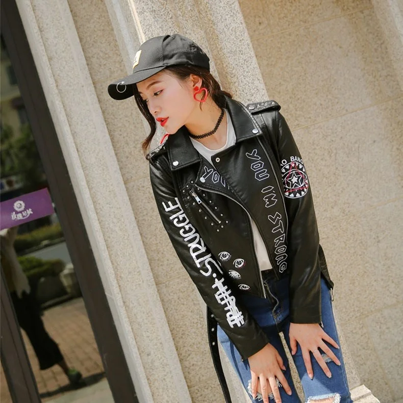 Leather Jacket Women's short 2021 autumn new Korean slim long sleeve zipper leather jacket printed Street enlarge