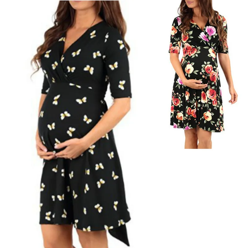 

2021 Summer New Printed Maternity Dress Loose Knee-length Maternity Dress Elegant Casual Fashion Printing Pregnant Dress