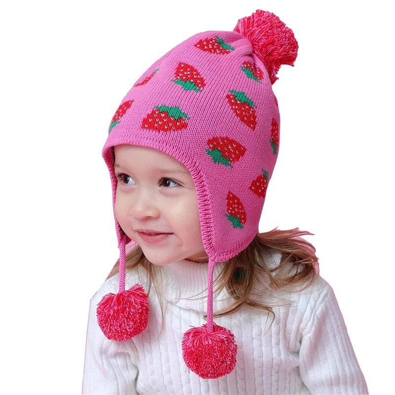 

High Quality Rose Strawberry Warm Beanie Cap Toddler Baby Girls Winter Hat Children for 6 Month To 8 Years Old Kids Hats