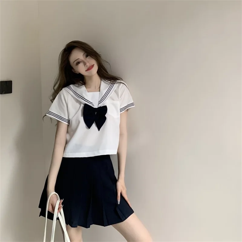 

Japanese Summer Preppy Style Sweet Soft Girl JK Suit Sailor Collar Bow Short Sleeve Top Kawaii Pleated Mini Skirt Two-piece Suit