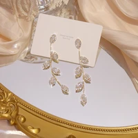 juwang luxury 14k real gold plated leaves earring delicate micro inlaid cubic zircon cz stud earrings wedding jewelry pendant