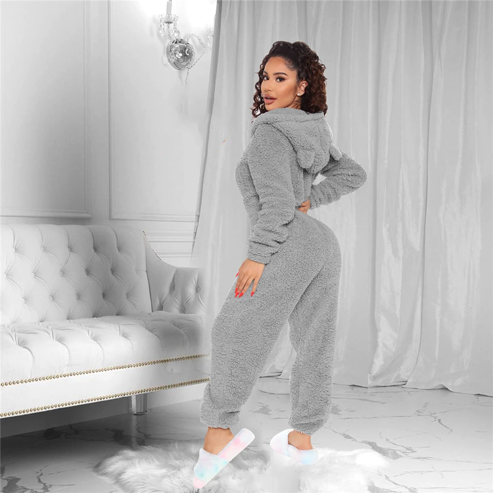 Velvet Fleece Jumpsuits For Women Autumn Winter One Piece Outfit Women Hooded Romper With Zipper Winter Cute Plush Pajamas