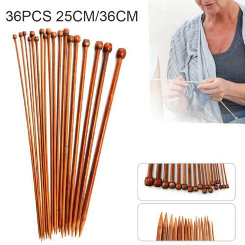 

25/36CM High Quality Set 36pcs Single Pointed Bamboo Knitting Needles 2mm - 10mm