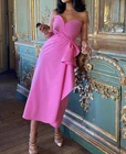 Винтажное Короткое атласное ярко-розовое вечернее платье с бантом и V-образным вырезом, длиной до колена, на молнии сзади, плиссированное вечернее вечерние для женщин