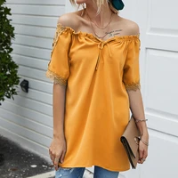 lace patchwork short sleeve folds draw string solid color o neck oversized tops women casual loose streetwear elegant blouses
